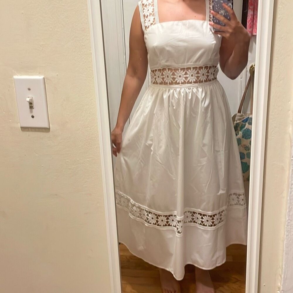 White cottagecore feminine Barbie a line embroidered spaghetti strap maxi dress